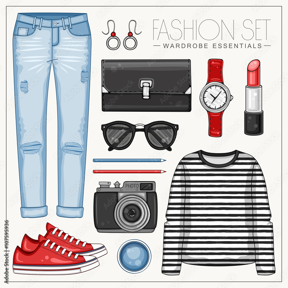 Φωτογραφία Fashion woman’s casual outfit with jeans, frock top, sneakers