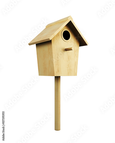 Fototapeta Naklejka Na Ścianę i Meble -  Wooden bird house on a pole isolated on a white background. 3d rendering.