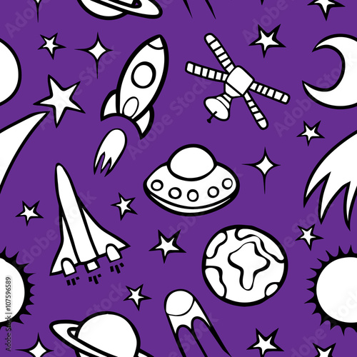 Cartoon doodle space seamless pattern background.