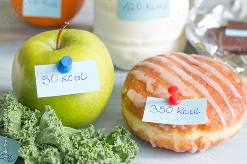 Calorie counting and food with labels concept photo