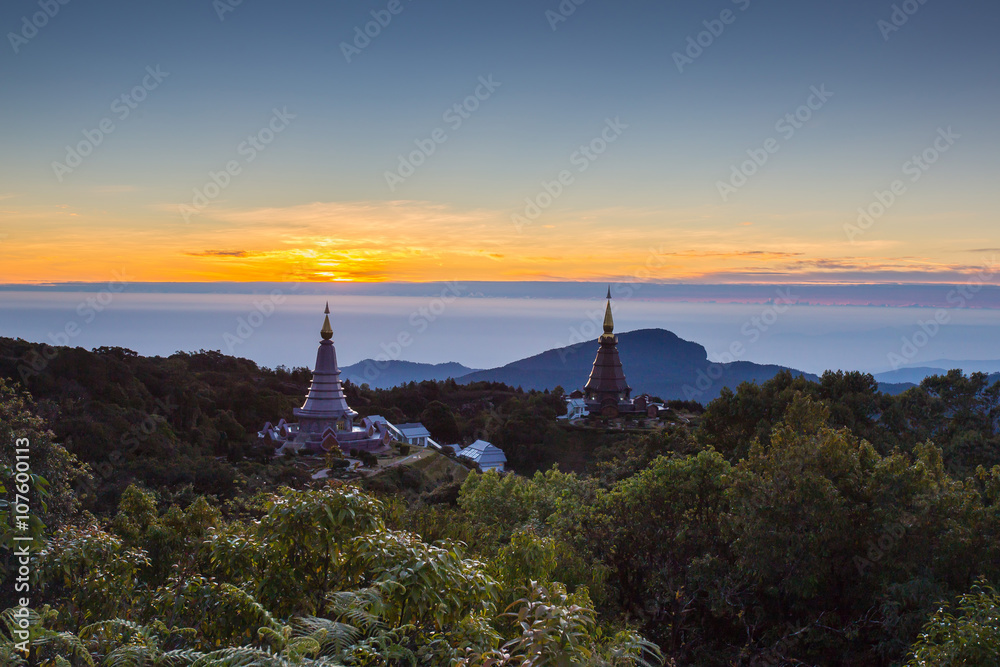 Sun rise at Pagoda on the top of mountain, Inthanon ,Chiang Mai