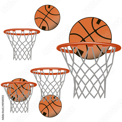 Set of basketball icons. The ball flies into the basket, the bal