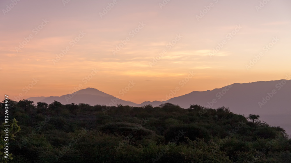 Morning glow against mountains background. Manyara Lake National Park, Tanzania.
Morning glow against mountains background. Manyara Lake National Park, Tanzania.
