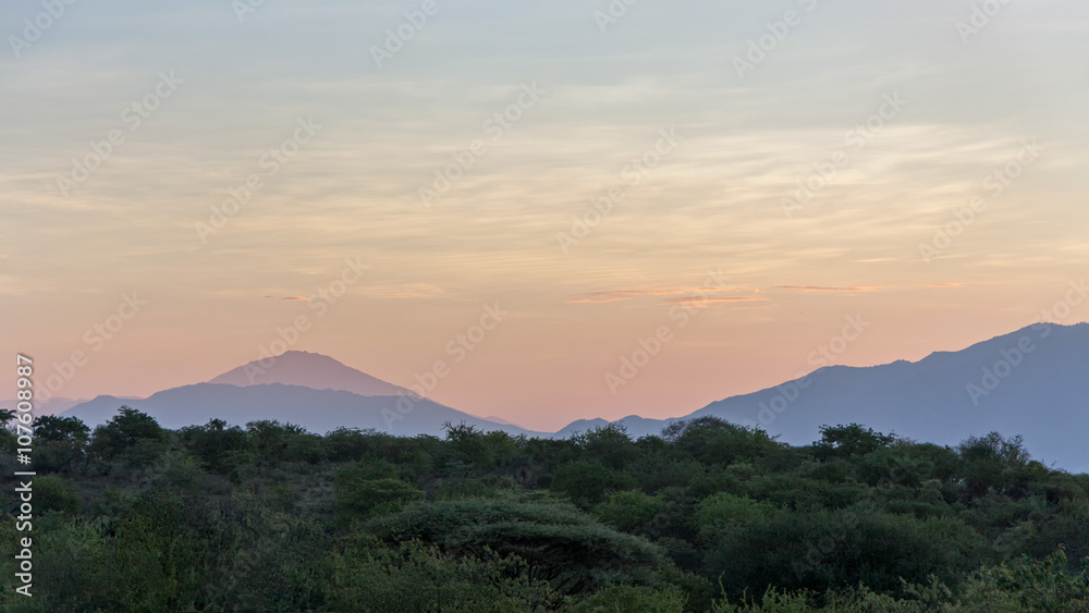 Morning glow against mountains background. Manyara Lake National Park, Tanzania.

