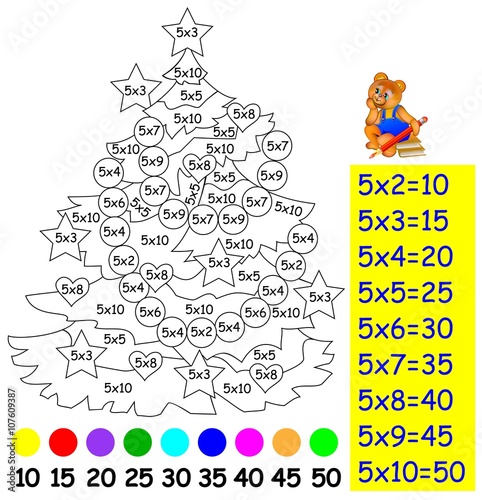 Exercise for children with multiplication by five - need to paint image in relevant color. Developing skills for counting and multiplication. Vector image.