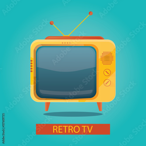 Modern vector illustration of yellow retro tv on blue background