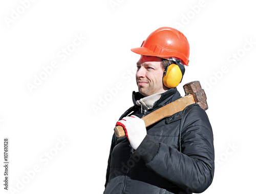 Worker with big sledge hammer on the shoulder isolated photo