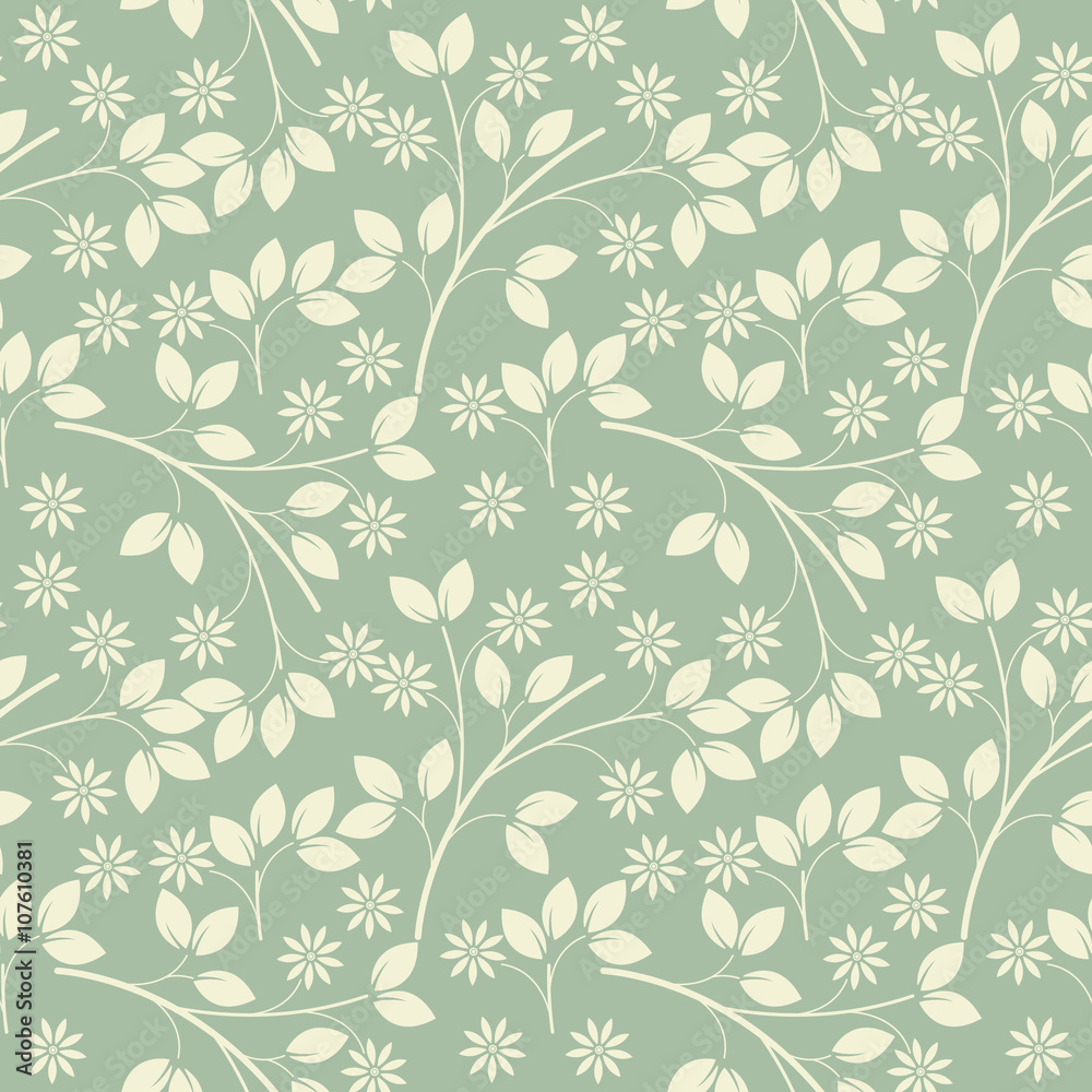 Endless pattern with ivory flowers and leaves on light green fre Endless pattern with ivory flowers and leaves on light green fre
