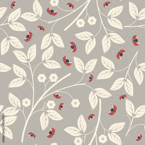 Endless pattern with flowers and ladybugs