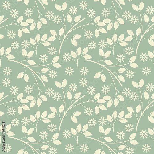 Endless pattern with ivory flowers and leaves on light green fre