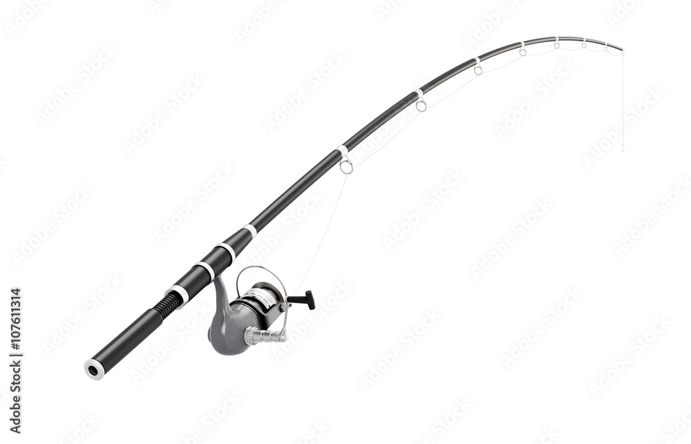 Fishing rod spinning on a white background. 3d illustration. Stock  Illustration