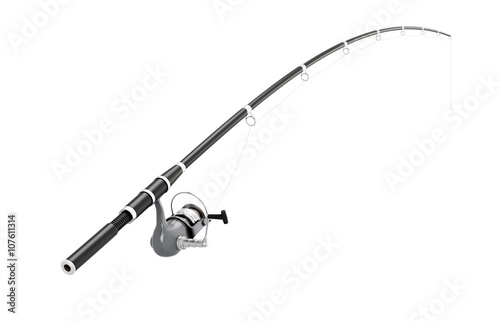 Tela Fishing rod spinning on a white background. 3d illustration.