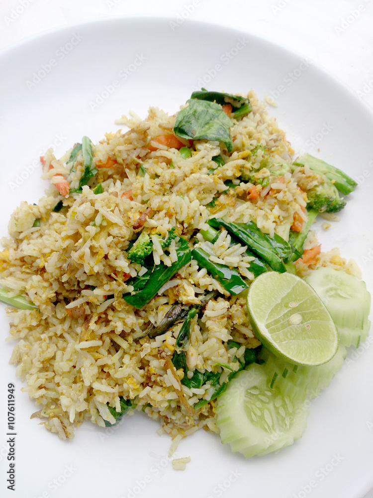 Fried rice with mackerel, mix Vegetable and Green Curry, fish sauce original thai food Fried rice with mackerel, mix Vegetable and Green Curry, fish sauce original thai food