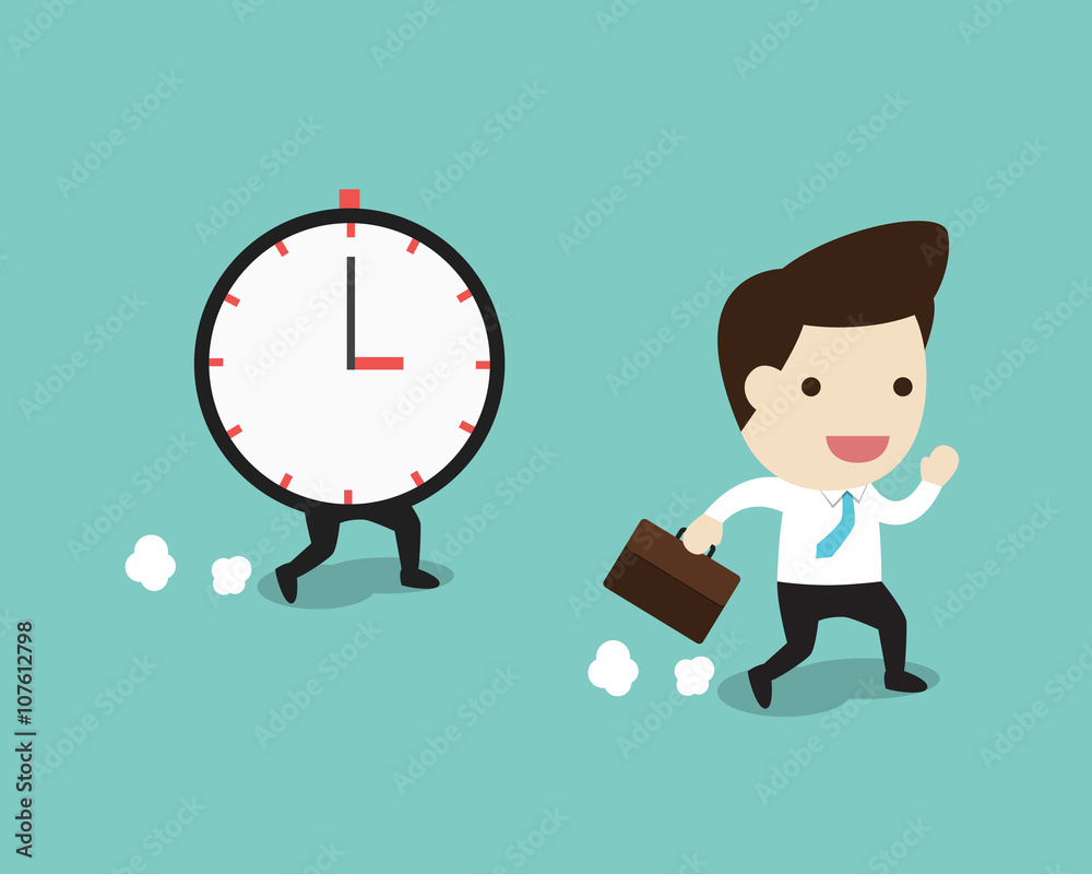 vector business man running with time in flat design vector business man running with time in flat design