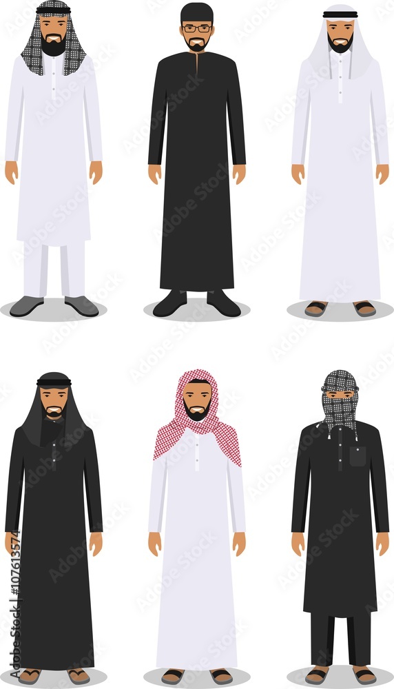 Set of different standing arab men in the traditional muslim arabic  clothing isolated on white background in flat style. Arab traditional  muslim, arabic clothing, east arabian dress. Vector Stock Vector | Adobe