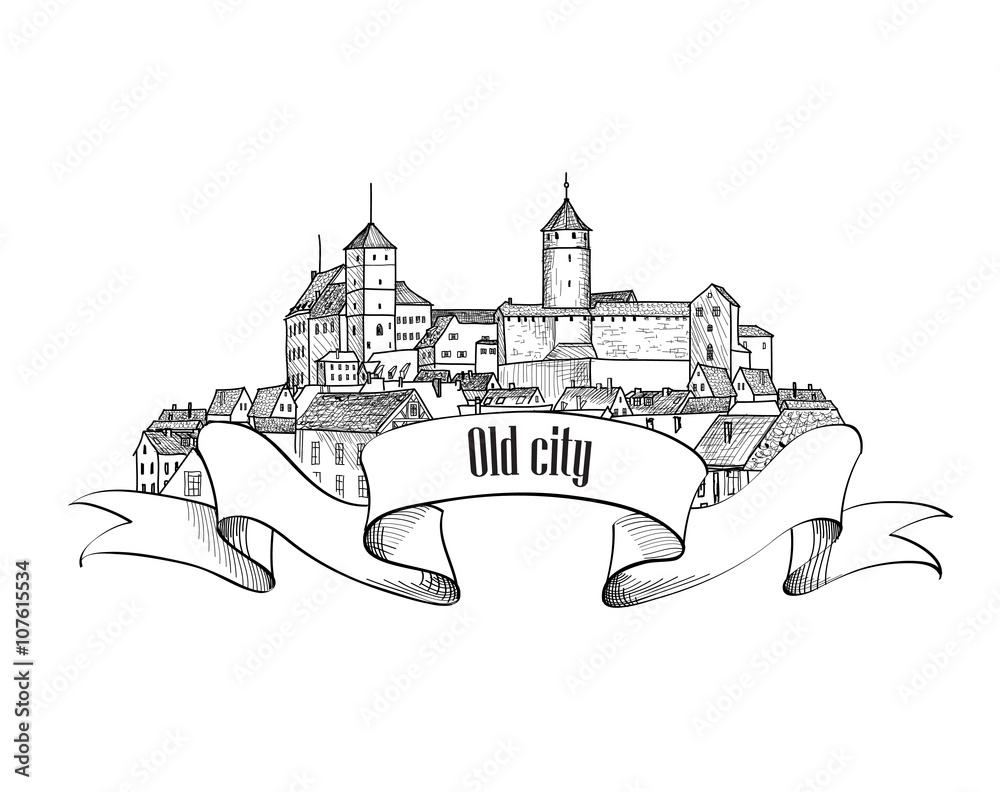 Old city label isolated. Downtown view. Medieval european castle