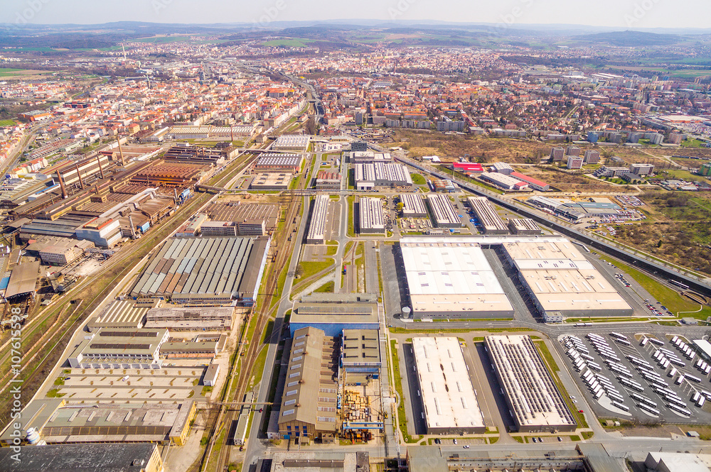 Aerial view to industrial zone and technology park on Karlov suburb of Pilsen city in Czech Republic, Europe.