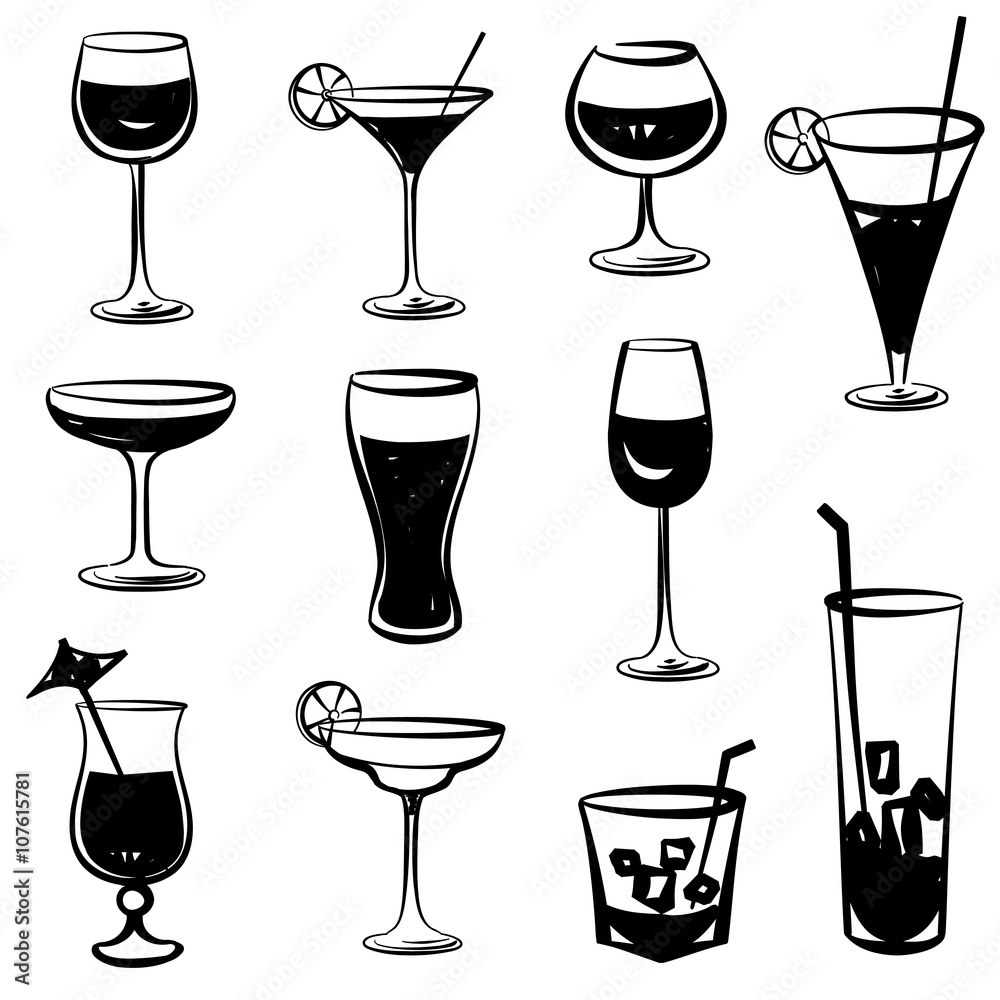 Cocktail party icons Bar glass vector silhouette collection. Set of doodle  summer drinks Stock Illustration | Adobe Stock