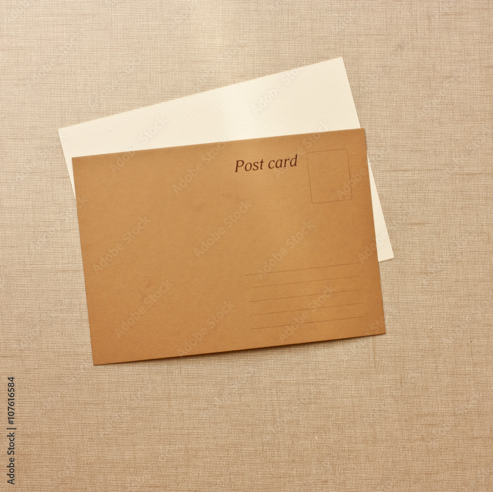 Postcard photo on textile background texture, with coypspace