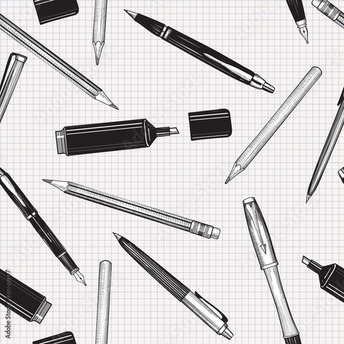 Pen set seamless pattern. Hand drawn vector. Pencils, pens and marker background