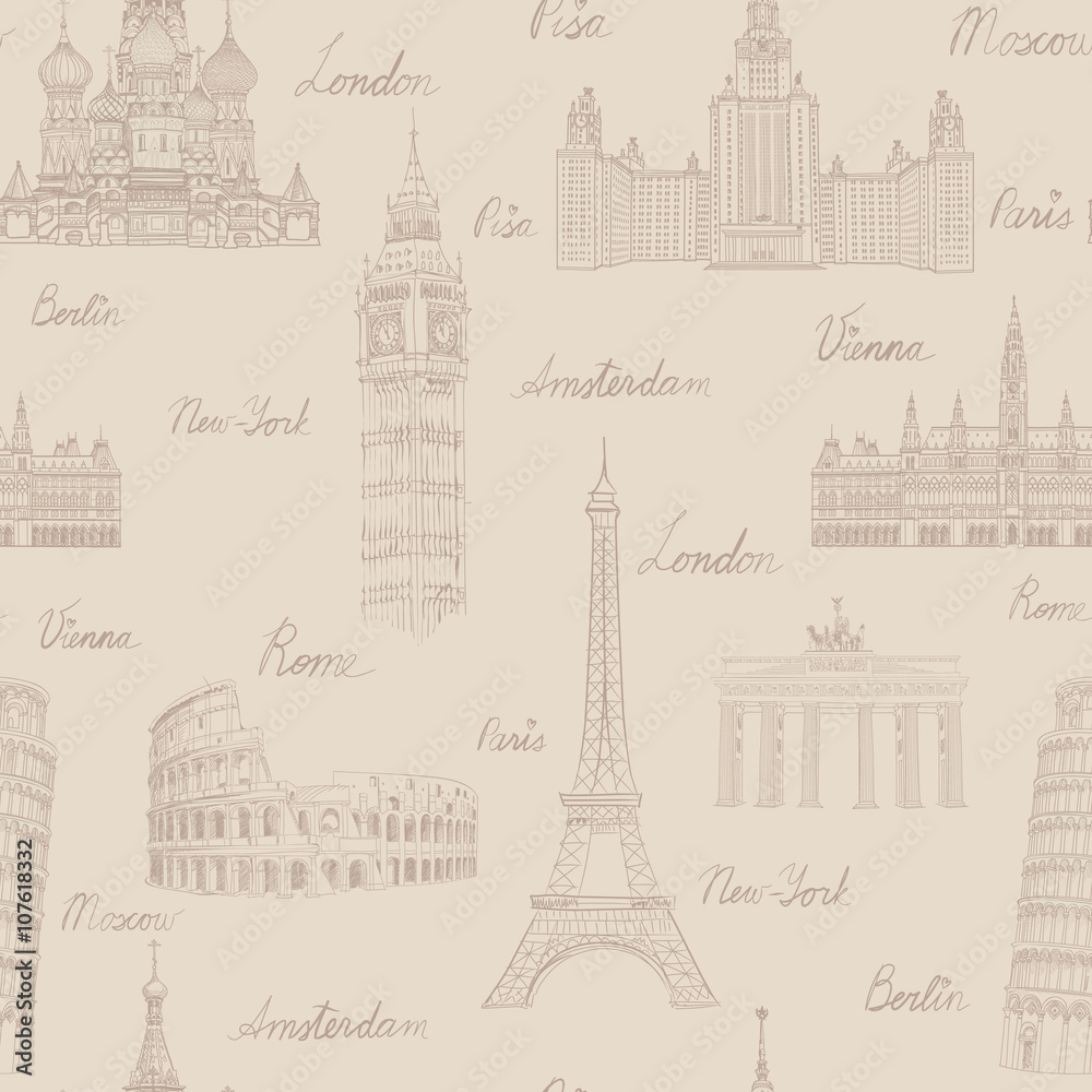 Travel seamless pattern. Vacation in Europe background. Famous  word landmarks