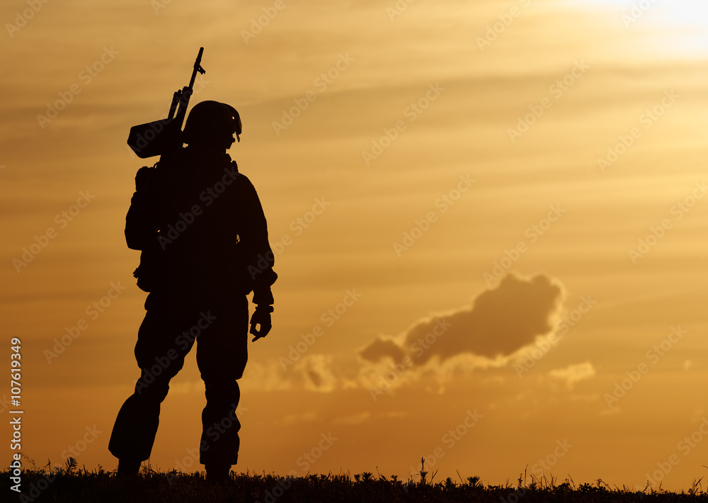 Soldier Using Computer Silhouette Military soldier silhouette with machine gun Stock Photo | Adobe Stock