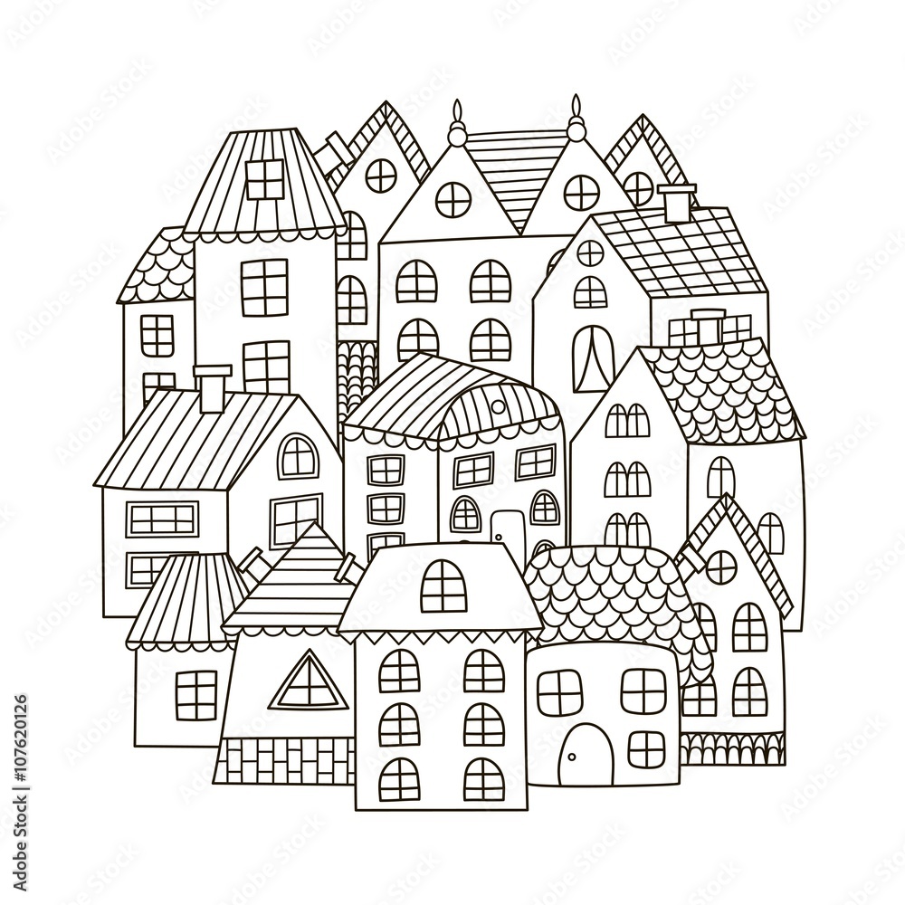 Circle shape pattern with houses for coloring book