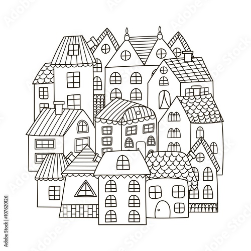 Circle shape pattern with houses for coloring book