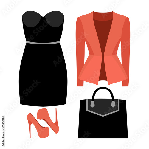 Set of trendy women's clothes with jacket, dress . Vector illustration
