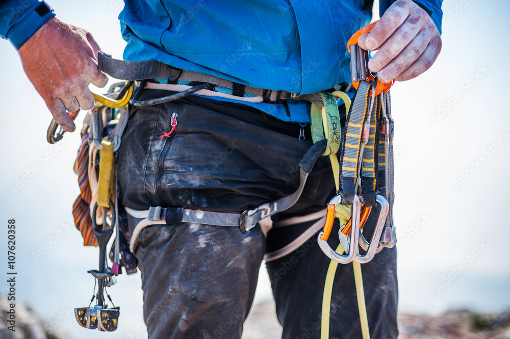 Climbing equipment on man Climbing equipment on man