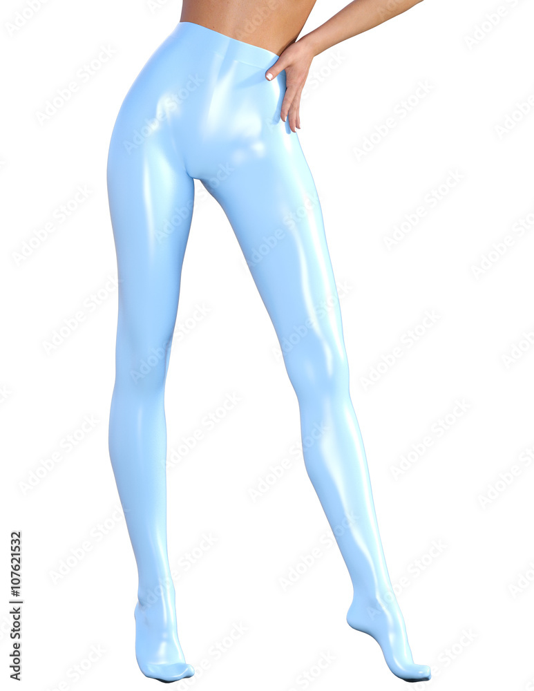 Sexy slim female legs in latex stockings. Conceptual fashion art. Shiny pantyhose. Seductive candid pose. 3D render, photorealistic image.