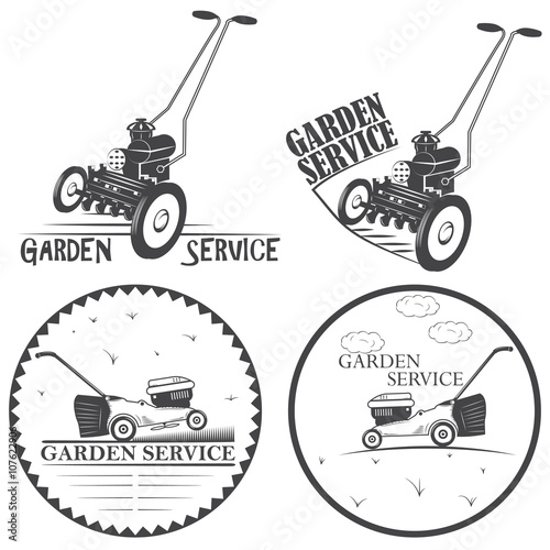   lawnmowers, garden services, shovel, rake, emblems, logos, badges. Vector