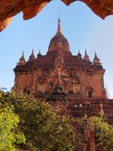 Outdoors view of Htilominlo Temple in Bagan, Myanmar. Vertical shot