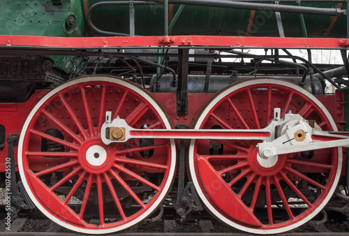 the wheels of a steam locomotive