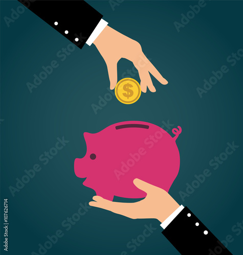Business hand putting coin into a piggy bank