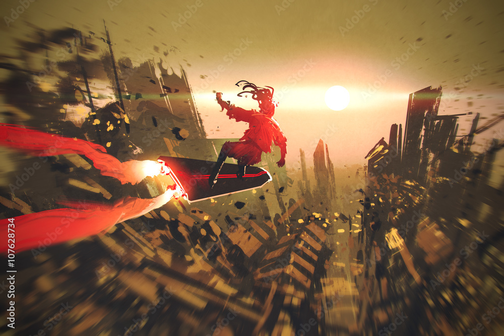 Naklejka premium man surfing in the sky,illustration painting