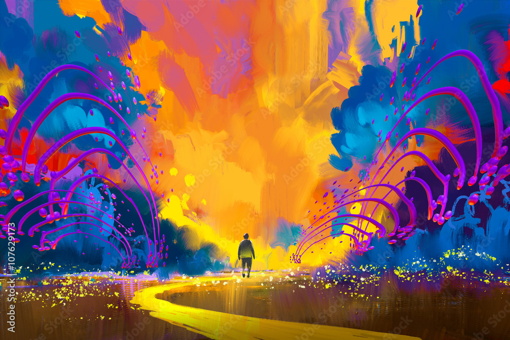 Fototapeta premium man walking to abstract colorful landscape,illustration painting