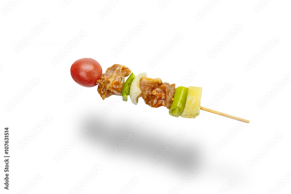 skewer of mixed meat and vegetables isolated on white background skewer of mixed meat and vegetables isolated on white background