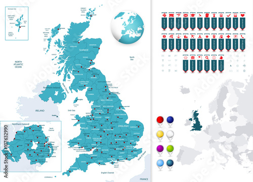 Great Britain map and it's states with navigation map pointers
