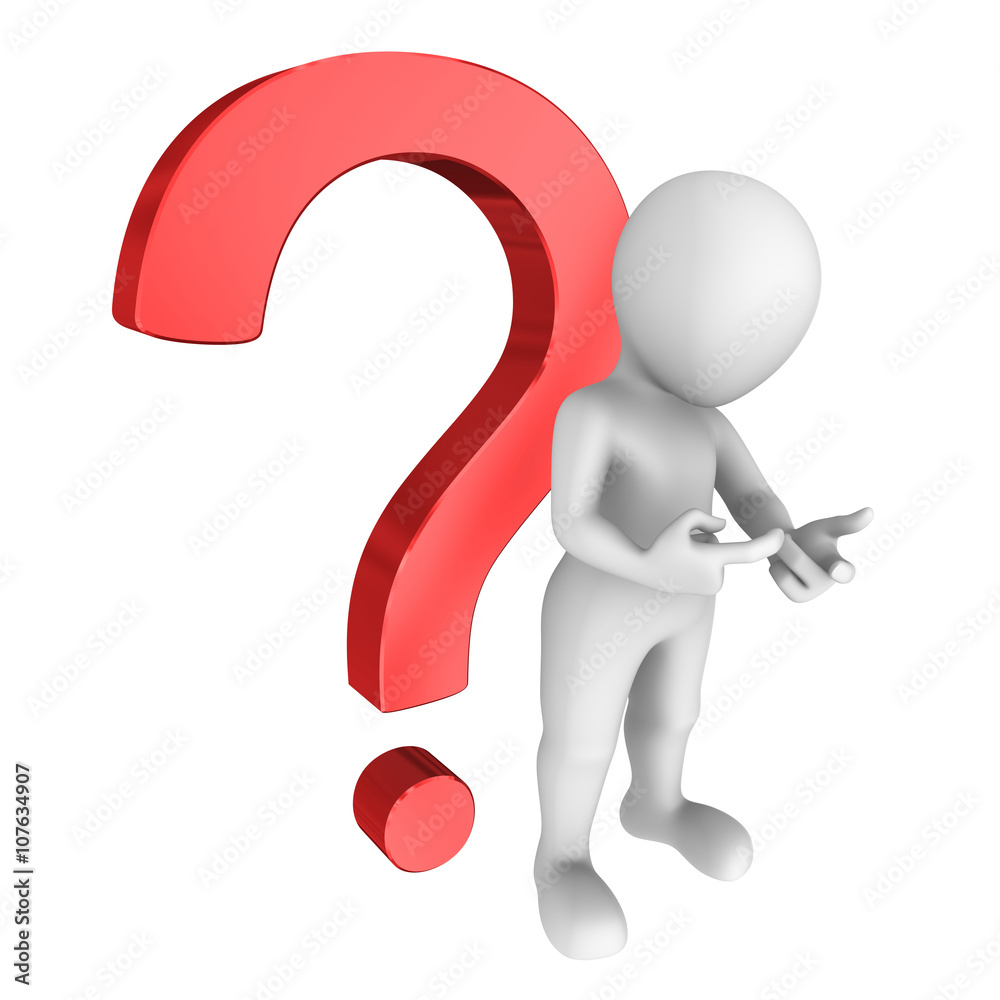 3d man with red question mark calculates on fingers. 3d man with red question mark calculates on fingers.