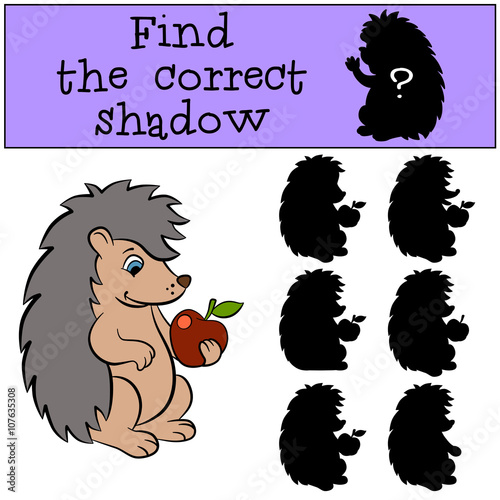 Children games: Find the correct shadow. Little cute hedgehog holds an apple in the hand.