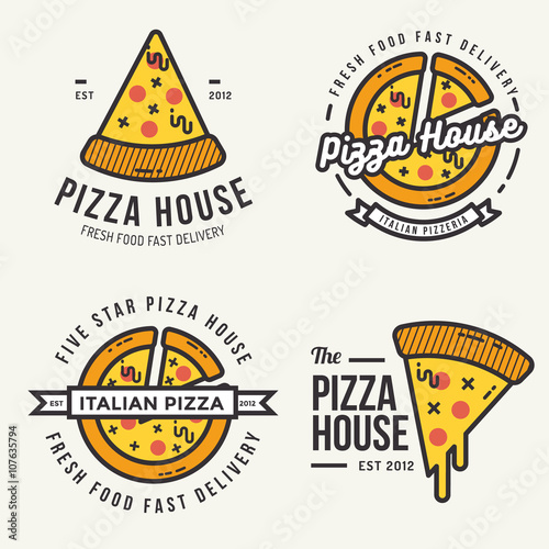 Set of pizza logo, badges, banners, emblem for fast food restaurant. Vector illustration.