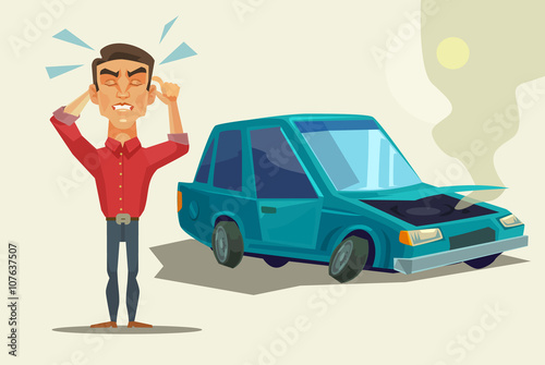 Car broken down. Angry man. Vector flat cartoon illustration