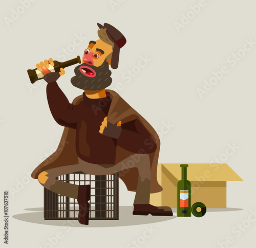 Homeless man drinking alcohol. Vector flat illustration
