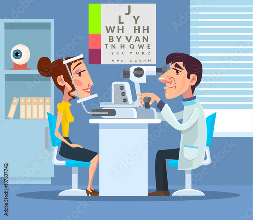Patient visiting ophthalmologist. Vector flat cartoon illustration