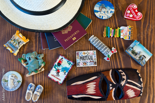 Photography various passports and souvenir magnets from several world country