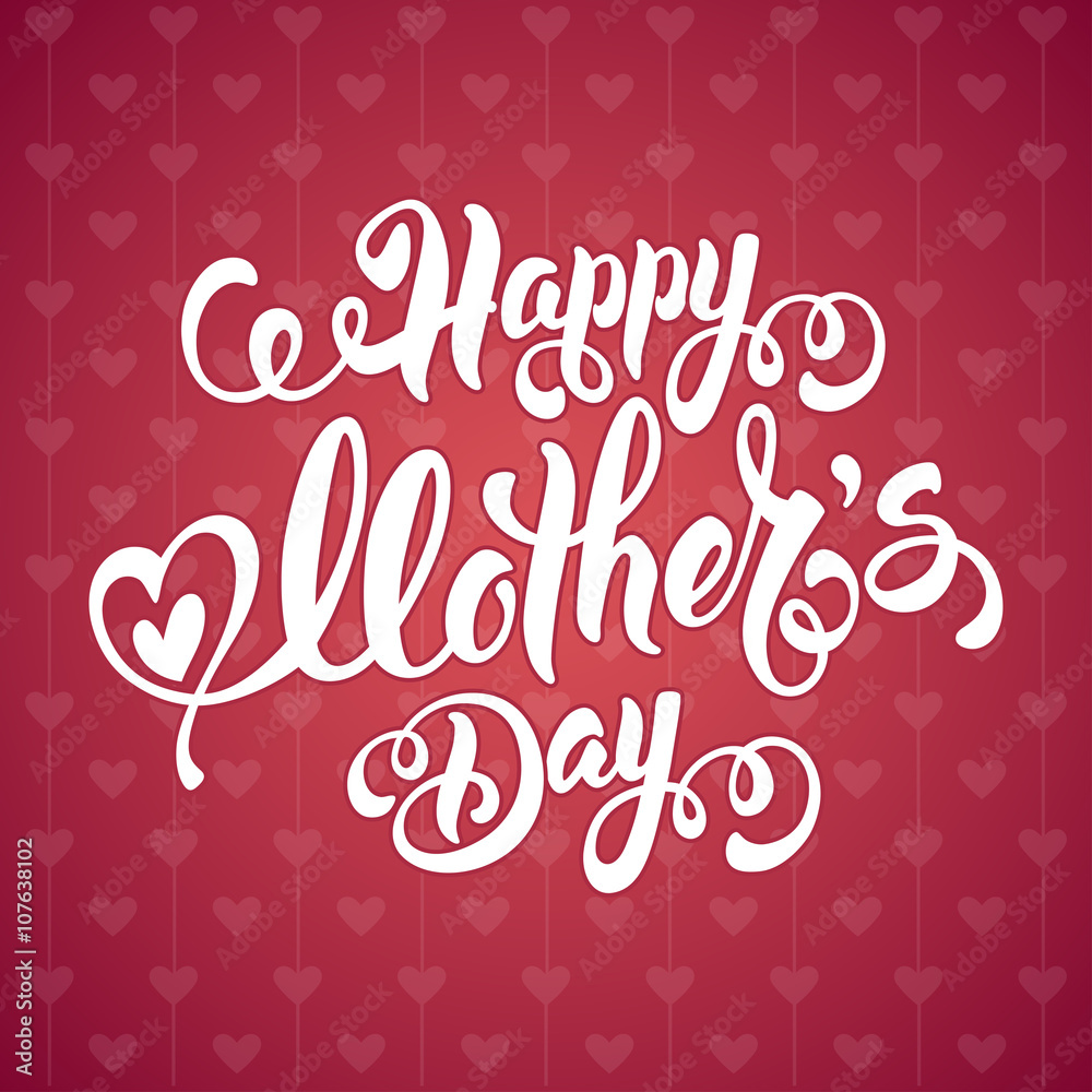 Mothers Day Lettering Calligraphic Design on Red Ornate Background. Happy Mothers Day Inscription. Vector Illustration For Greeting Card and Other Print Templates.