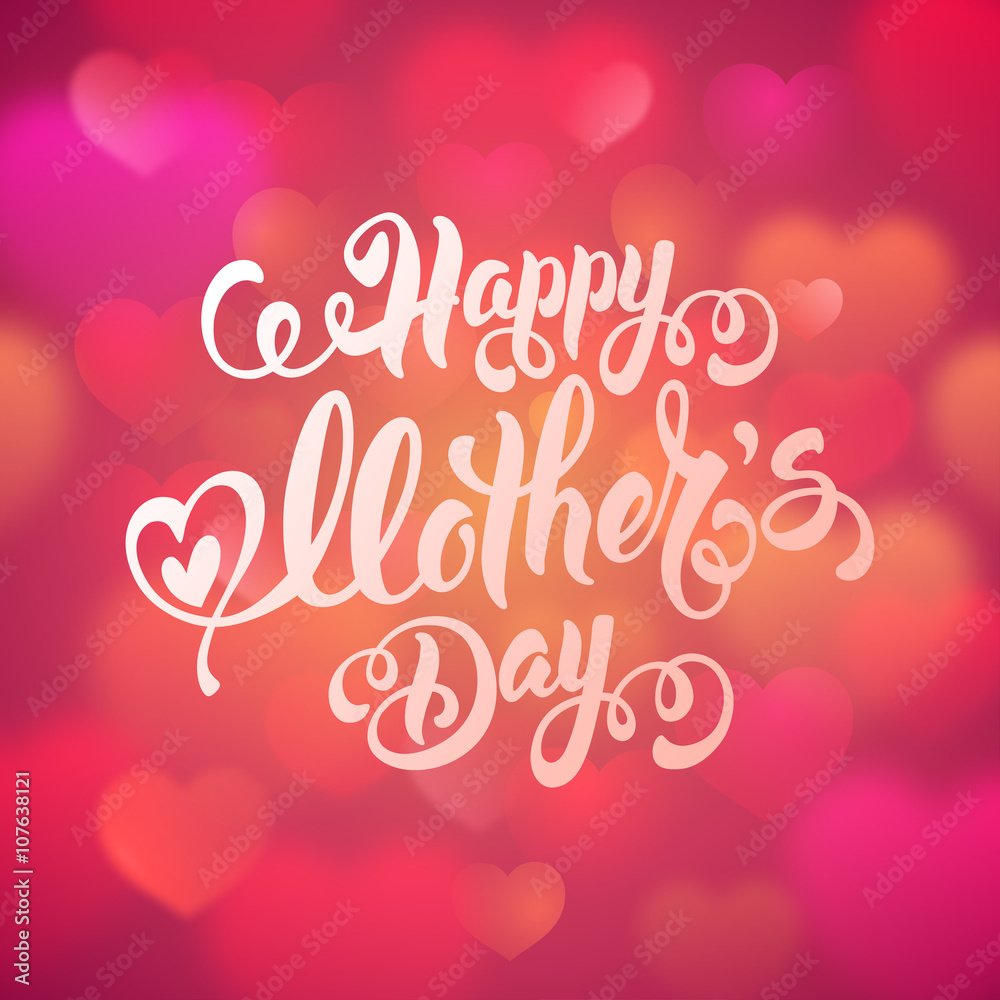 Mothers Day Lettering Calligraphic Design on Red Background With Hearts. Happy Mothers Day Inscription. Vector Illustration For Greeting Card and Other Print Templates.