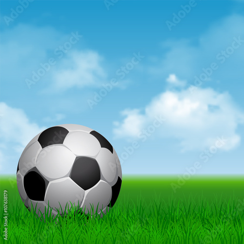 Card for Football Sport Theme with Soccer Ball on and Green Grass at Sunny Day. Blue Cloudy Sky on Background. Realistic Vector Illustration. 