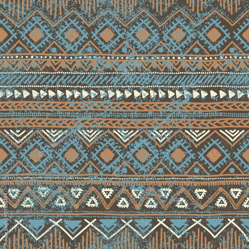 Seamless ethnic background in blue and brown colors. Vector illu
